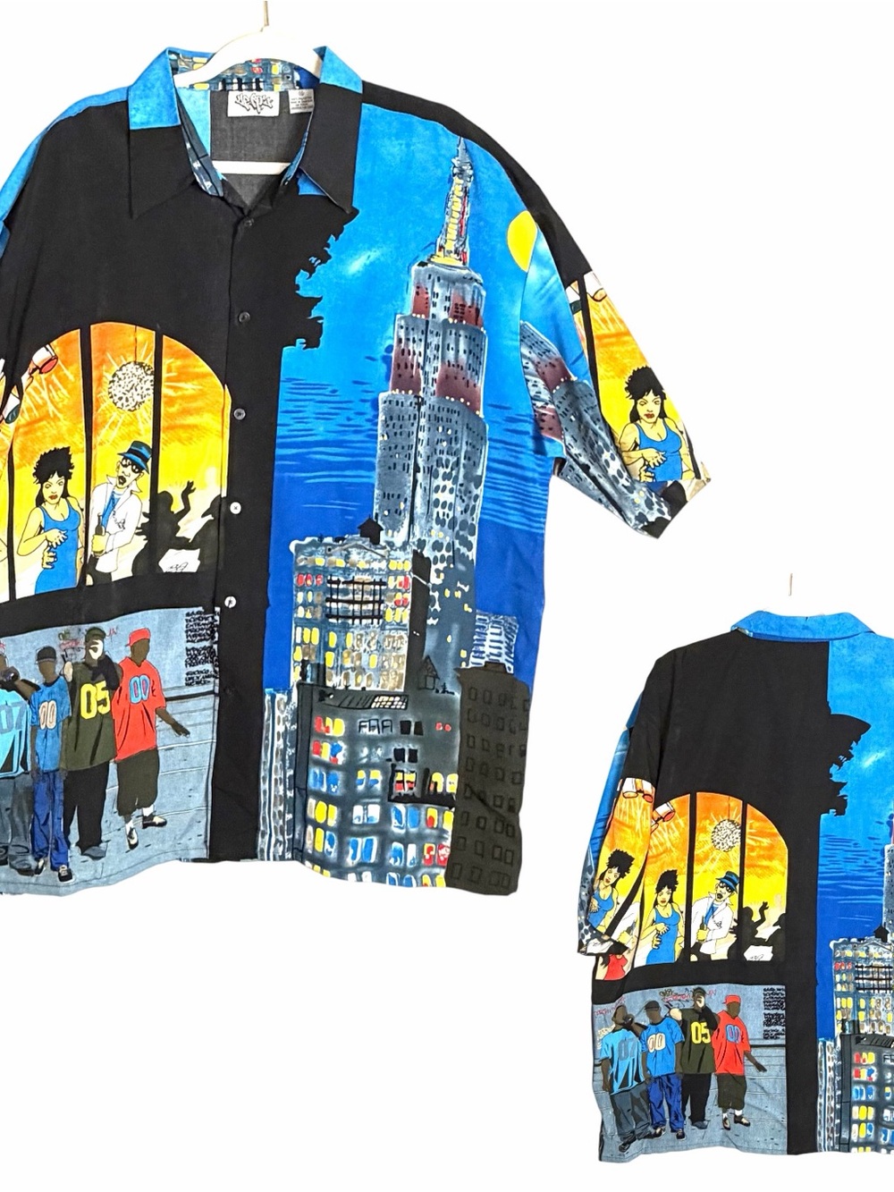 Vintage Y2K Up Ro's Hip Hop Short Sleeve Button Shirt Men XXL Blue Multi Casual